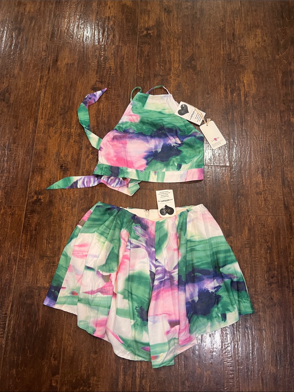 Women’s Tie-Dye Halter Top and Skirt Set - Green Pink Purple Small Watercolor